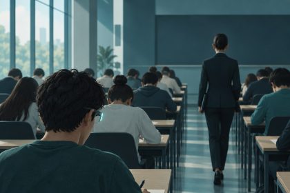 University exam hall with a student wearing AI smart glasses as a proctor walks the aisle