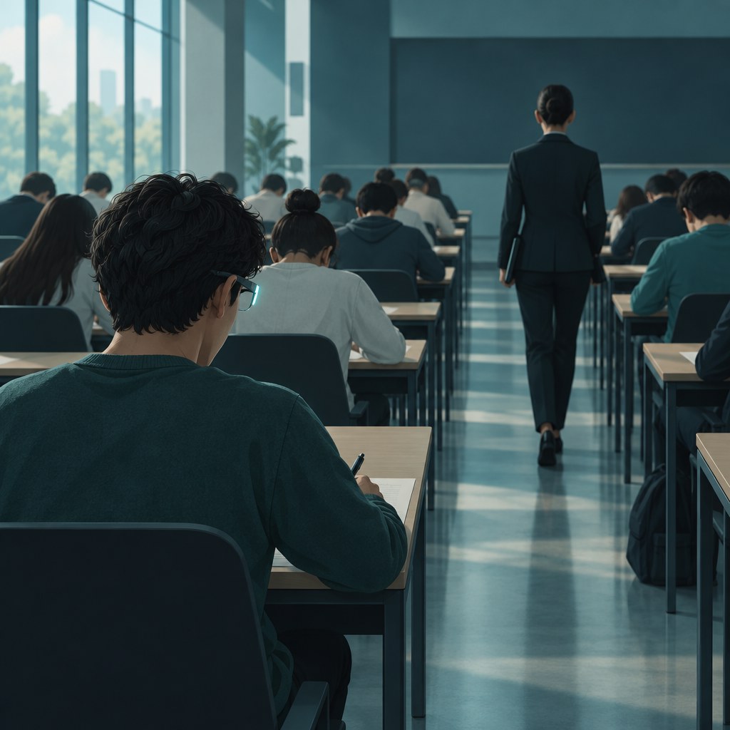 University exam hall with a student wearing AI smart glasses as a proctor walks the aisle