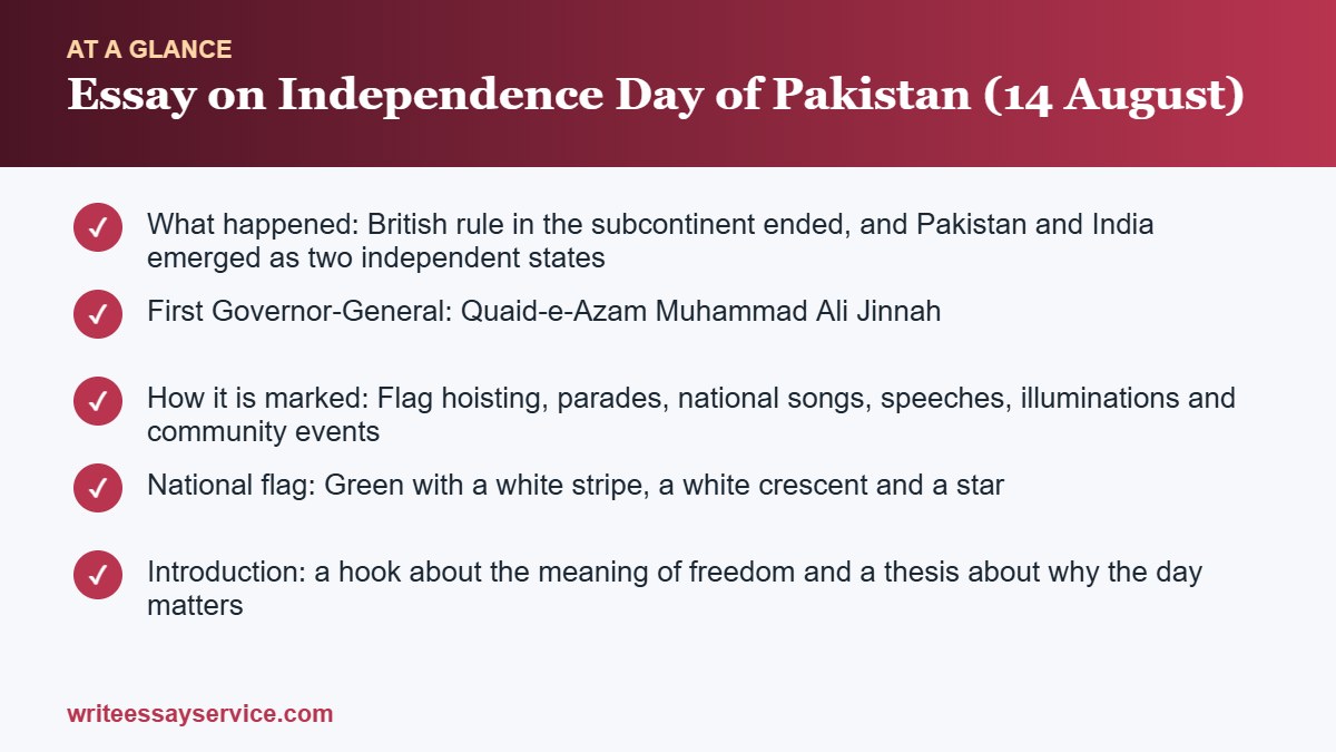 Key points: Essay on Independence Day of Pakistan (14 August): Short and Long Samples