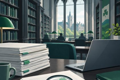 University library desk with papers, a laptop and a magnifying glass over a page