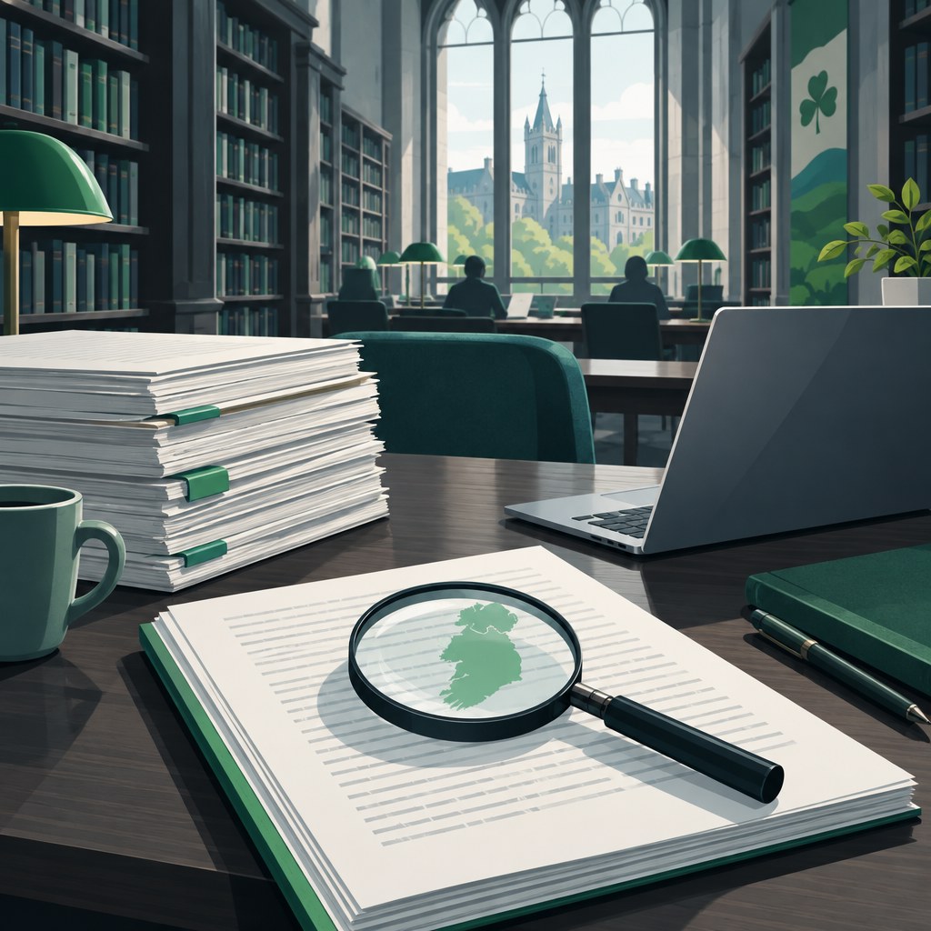 University library desk with papers, a laptop and a magnifying glass over a page