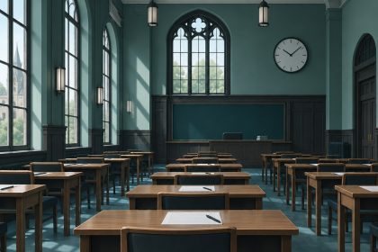 Traditional university exam hall with rows of desks, exam papers and pens