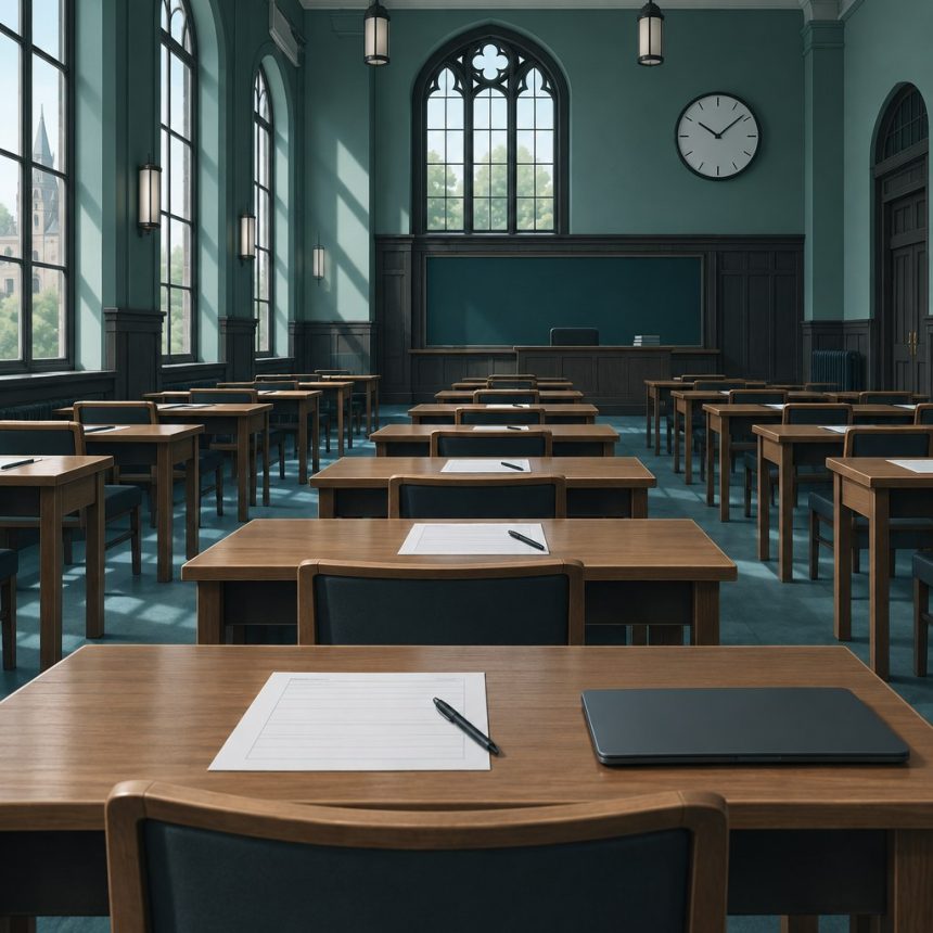 Traditional university exam hall with rows of desks, exam papers and pens