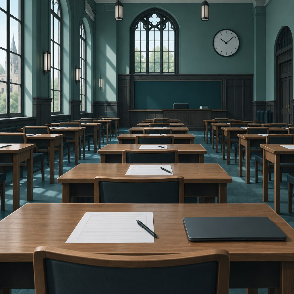 Traditional university exam hall with rows of desks, exam papers and pens